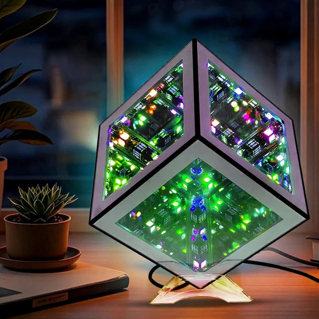 3D uendeligheds-kubelampe med RGB omgivelseslys og lydreaktiv tilstand